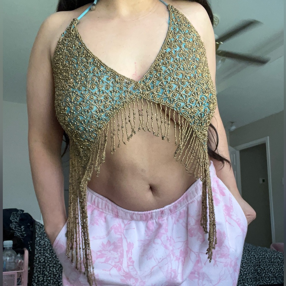 Beaded Fringe Crop Top in Teal and Gold